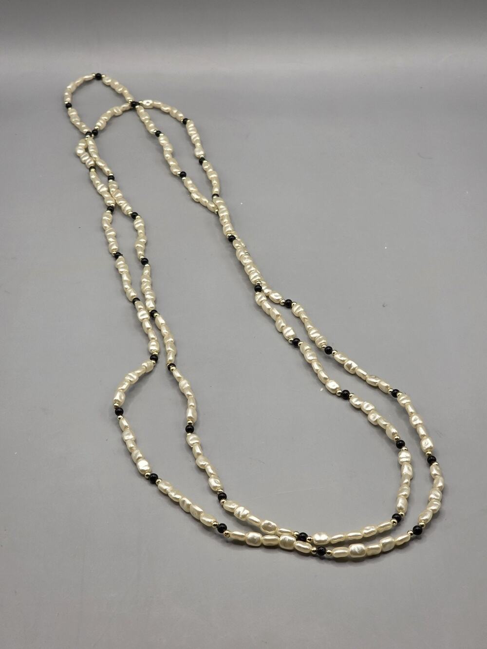 Vintage Cultured Rice Pearl Black Bead Accent Opera Length Strand Necklace Multi